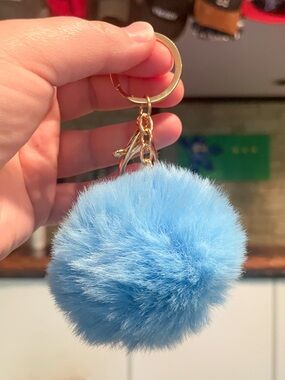 Pom-Pom Keychain Purse Bag Backpack Charm - Split Ring Lobster Claw - Light Blue